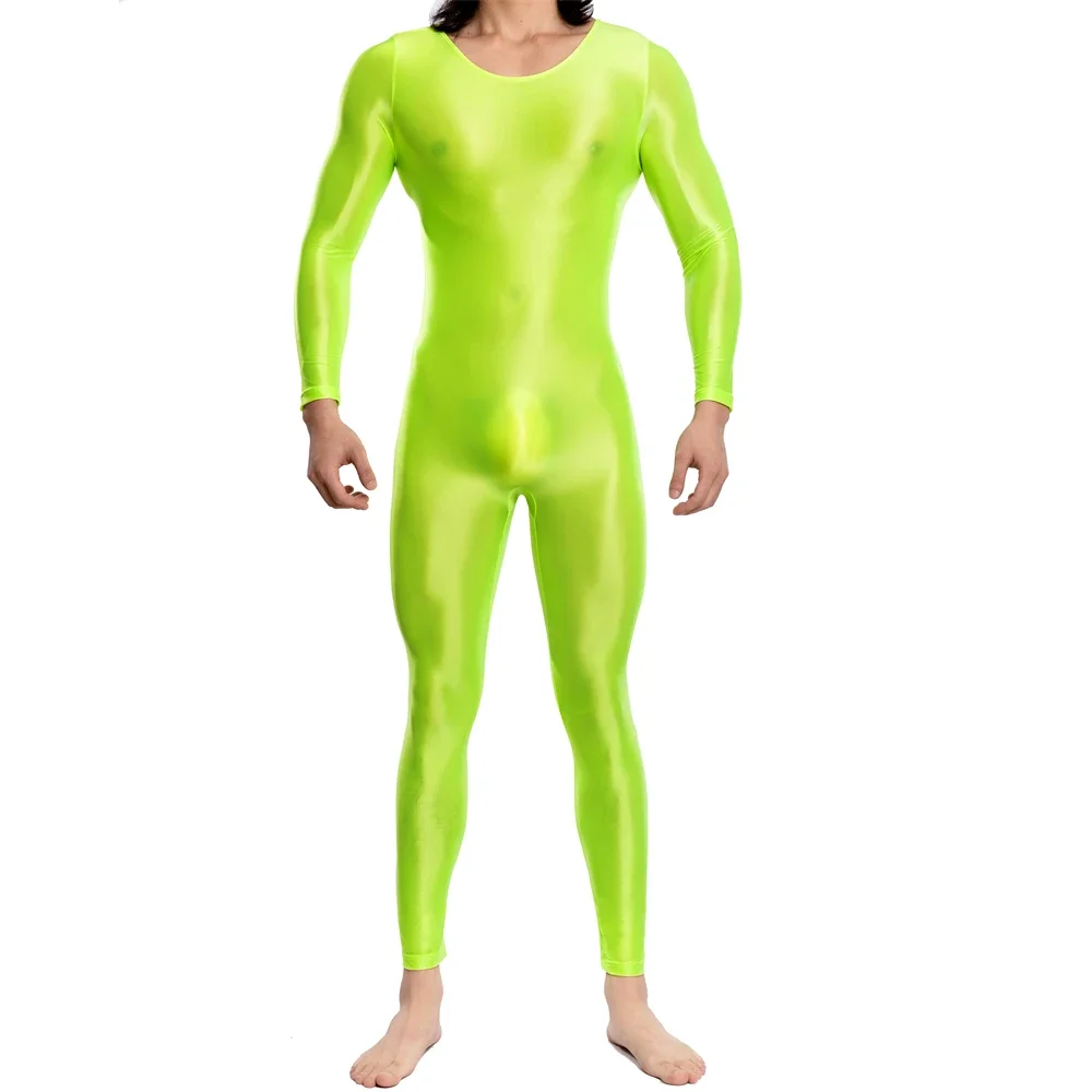 

Elastic Mens Glossy Oil Shiny Fitness Bodysuit Male Jumpsuit Sport Gym Yoga Leotard Smooth Long Sleeve Swimwear Sport Dance Wear