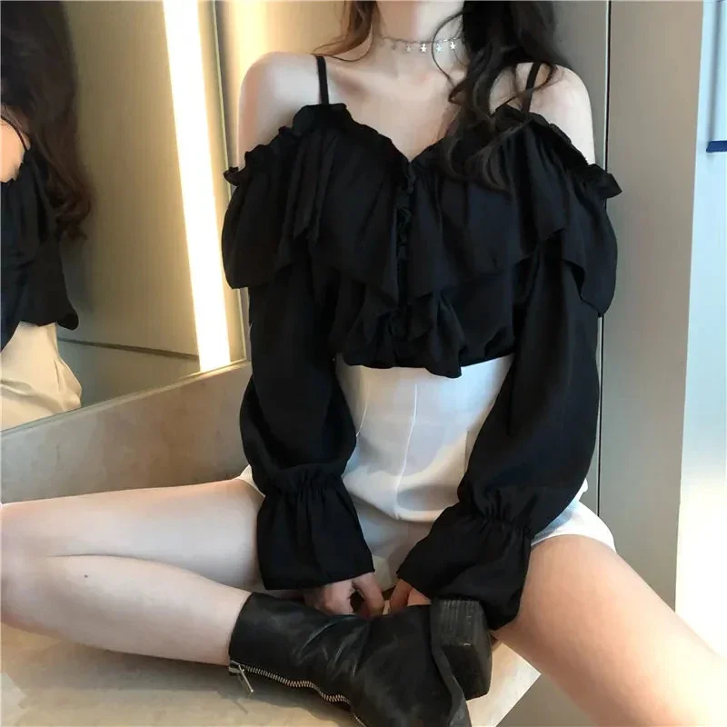 EAEOVNI Sexy Off Shoulder Blouses Women Ruffles Solid Slash Neck Chiffon Shirts Office Lady Korean Flare Long Sleeve Casual Tops