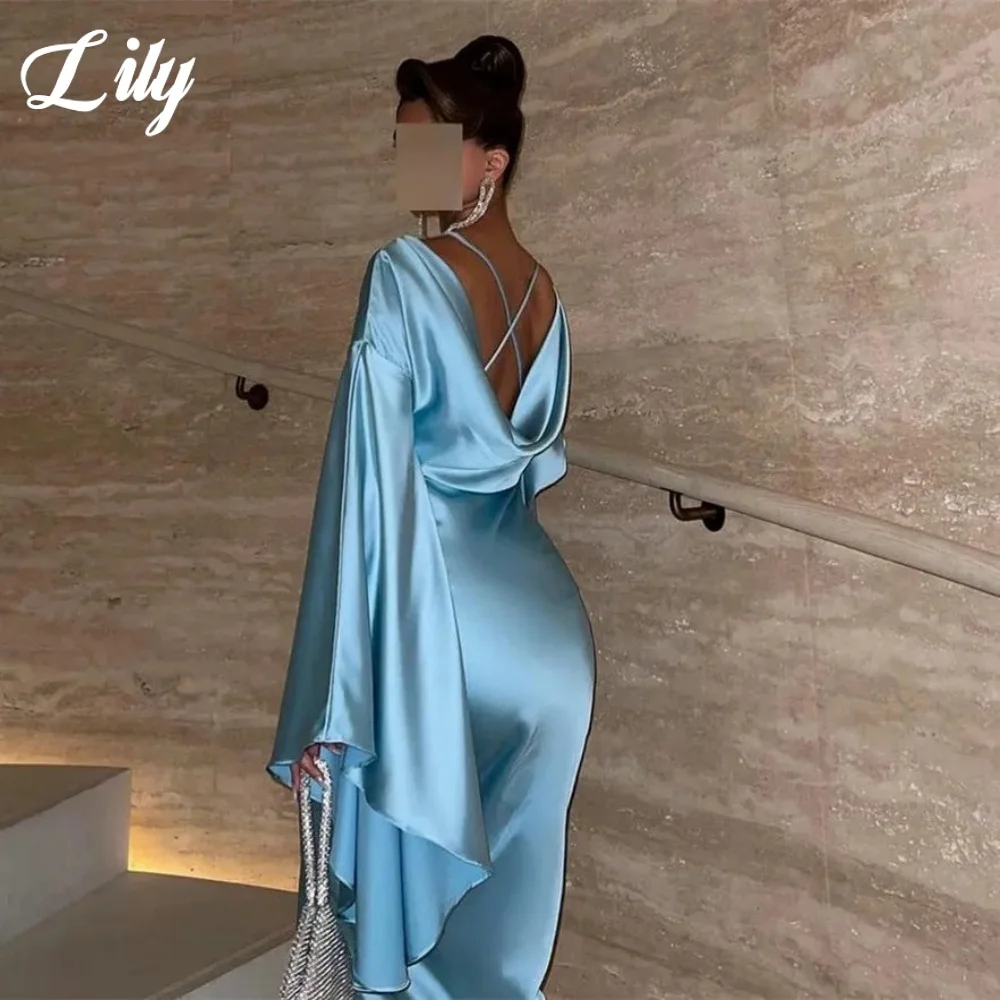 

Lily Light Blue Satin Evening Dresses O-Neck فساتين السهرة Puffy Long Sleeve Trumpet Prom Dresses with Pleats Custom