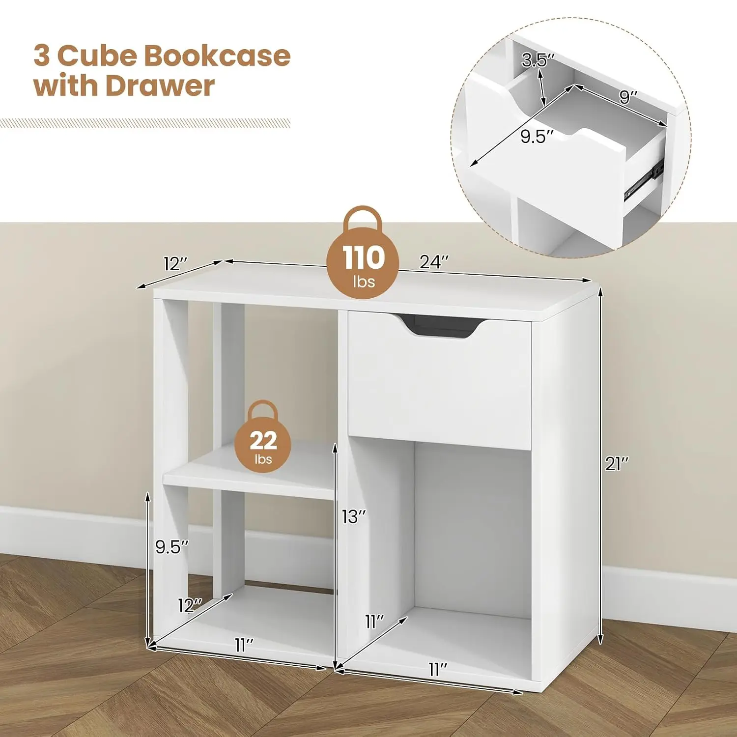 Cube Bookcase, Small Bookshelf With Drawer, 2-Tier Open Shelves, Modern Display Shelf, 21