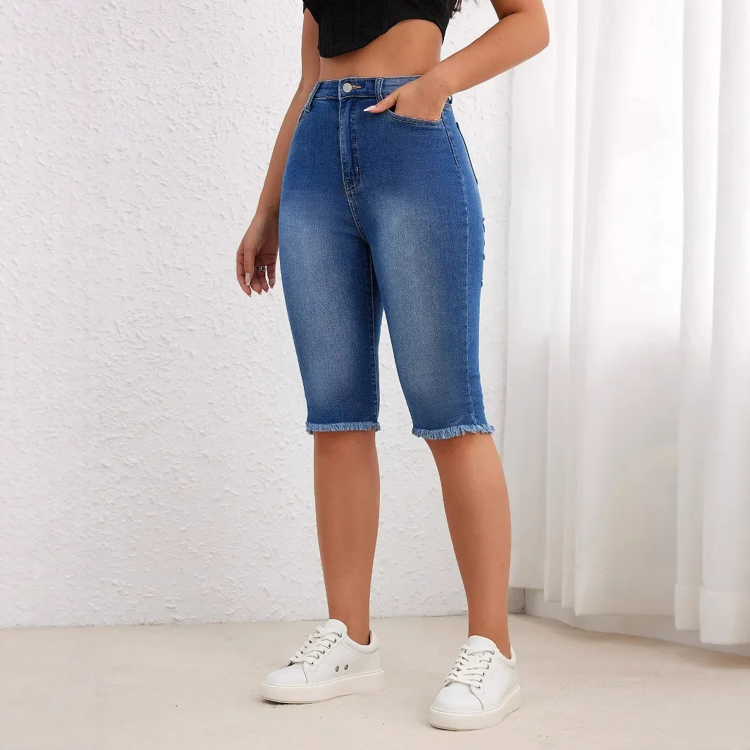 

Jeans Women Denim short Knee Length Hollow Out Distressed Washed Skinny Mid Waist Stretch Straight Pants 2025 Summer Streetwear