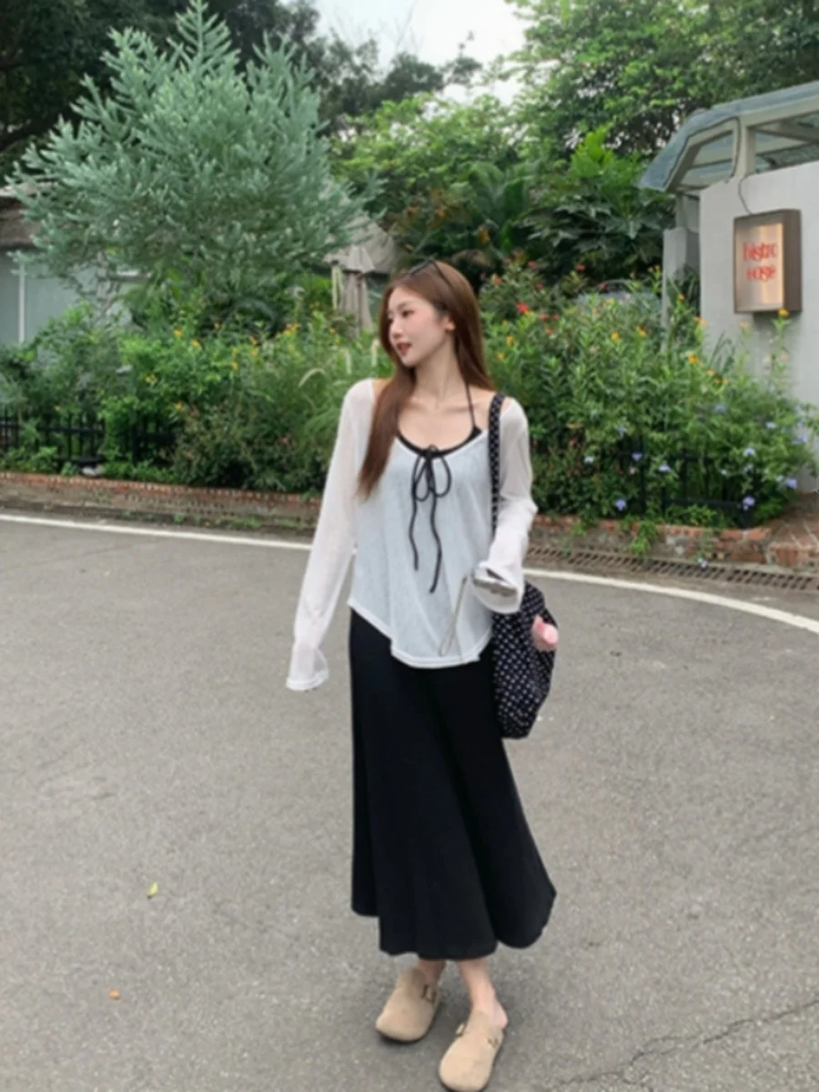 

plus Size Women's Bla Strapl Long Sve Dr Summer New Loose Sun Protection Faionable Korean Sle Commute Dr