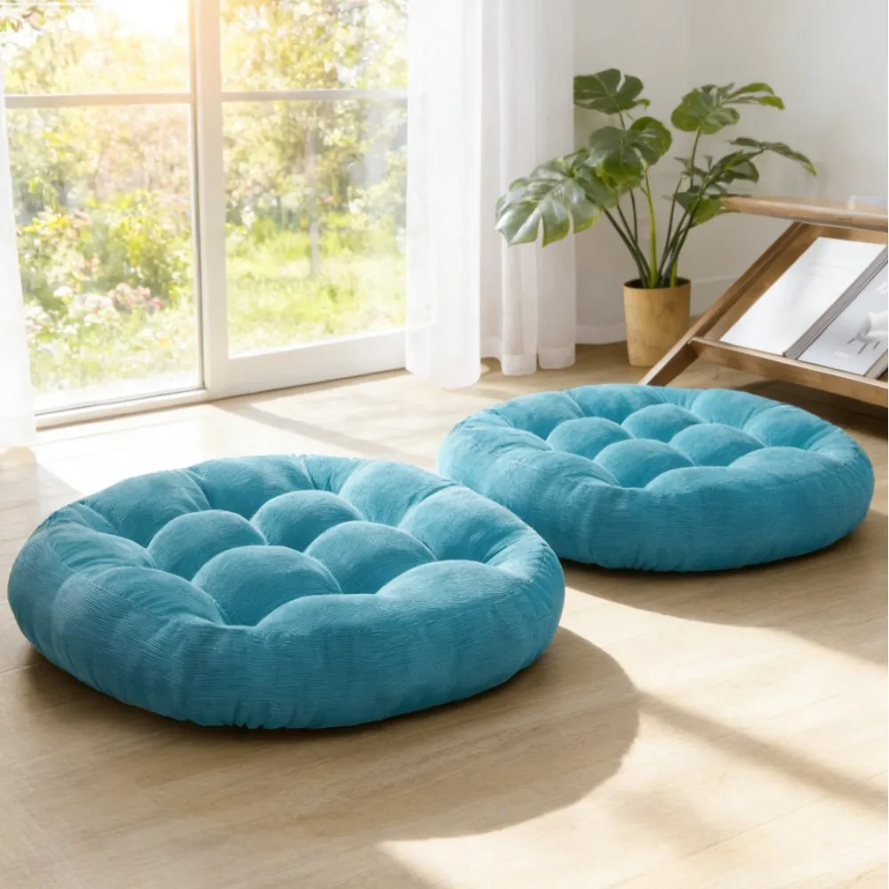 Thick Large Round Cushion,Soft & Comfortable Full-Filled Meditation Yoga Pillow, Bohemian Zen Home Decor in Vibrant Water Blue