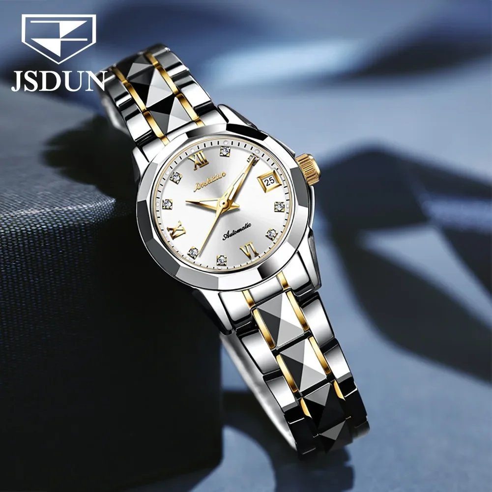 JSDUN 8813 Japan Automatic Mechanical Waterproof Watch For Women Business Tungsten steel Strap Women Wristwatch Calendar