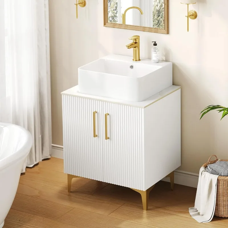 home.Bathroom Vanity 24 Inch with Counter Top Sink Combo,Closing Doors, Drain, Gold Handles & Legs, White