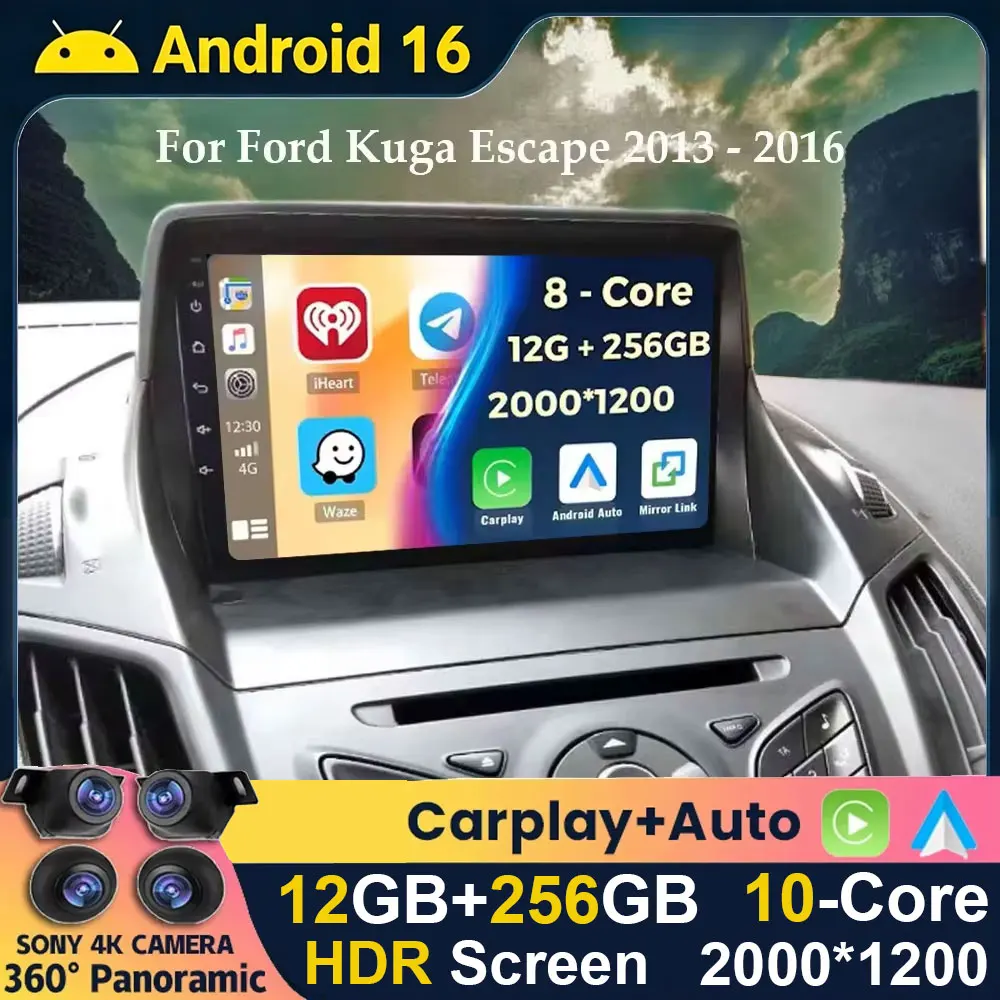Android 16 Car Radio For Ford C-MAX Kuga 2 Escape 3 2012 - 2019 Multimedia Player Navigation GPS Wireless Carplay Auto Head Unit