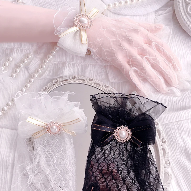 Guantes de encaje Lolita hechos a mano para mujeres y niñas, accesorios de disfraz de Cosaplay, guantes y manoplas de malla blanca y negra con lazo de flores