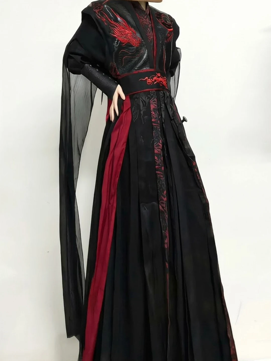 Black Red Slim Fit Mandarin Collar Hanfu Costume for Men And Women Martial Arts Hero Style Long Shirt Cosplay Traditional Chi...