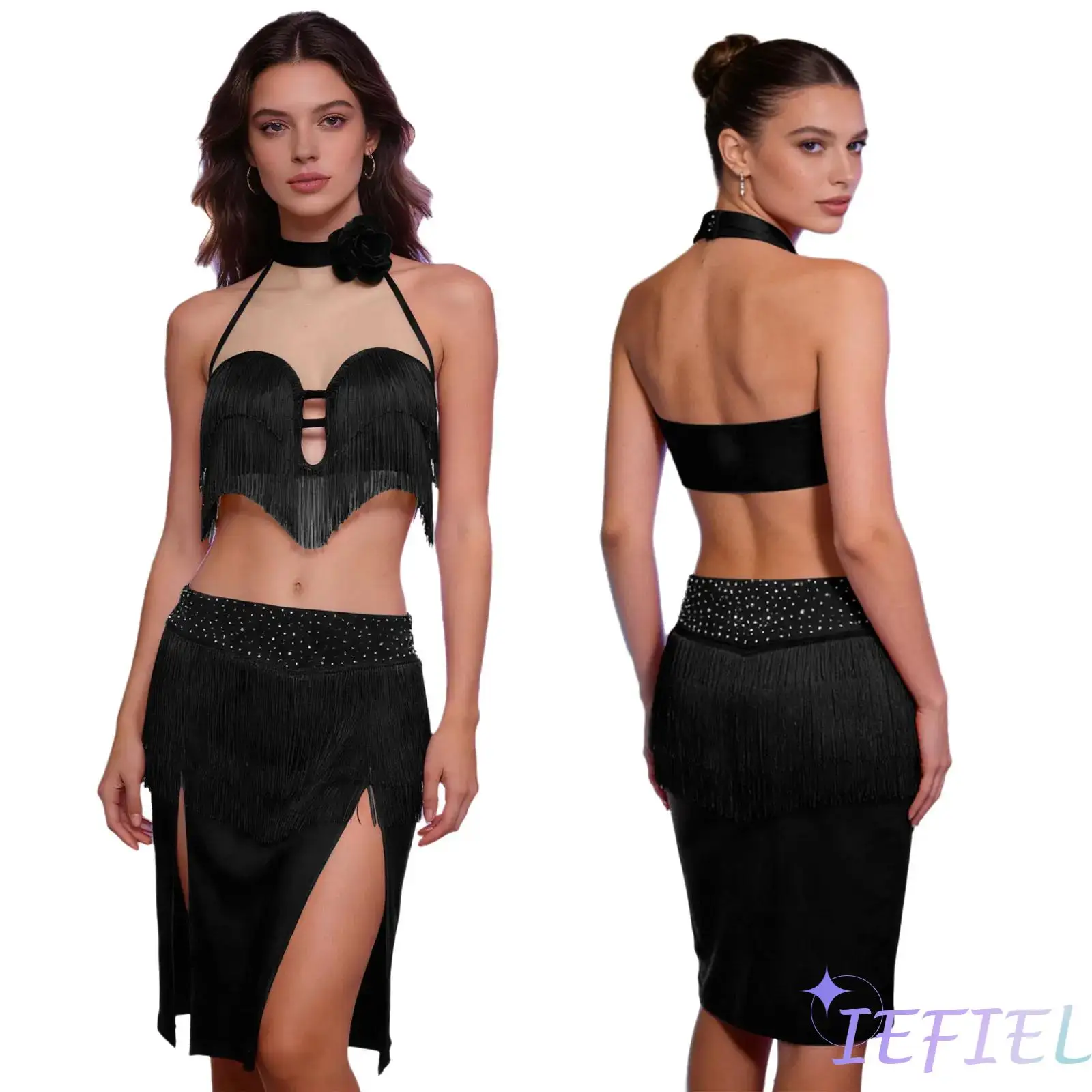 

3D Flower Applique Latin Lyrical Dance Costume for Women Halter Backless Sleeveless Top with Miniskirt Belly Salsa Dancewear
