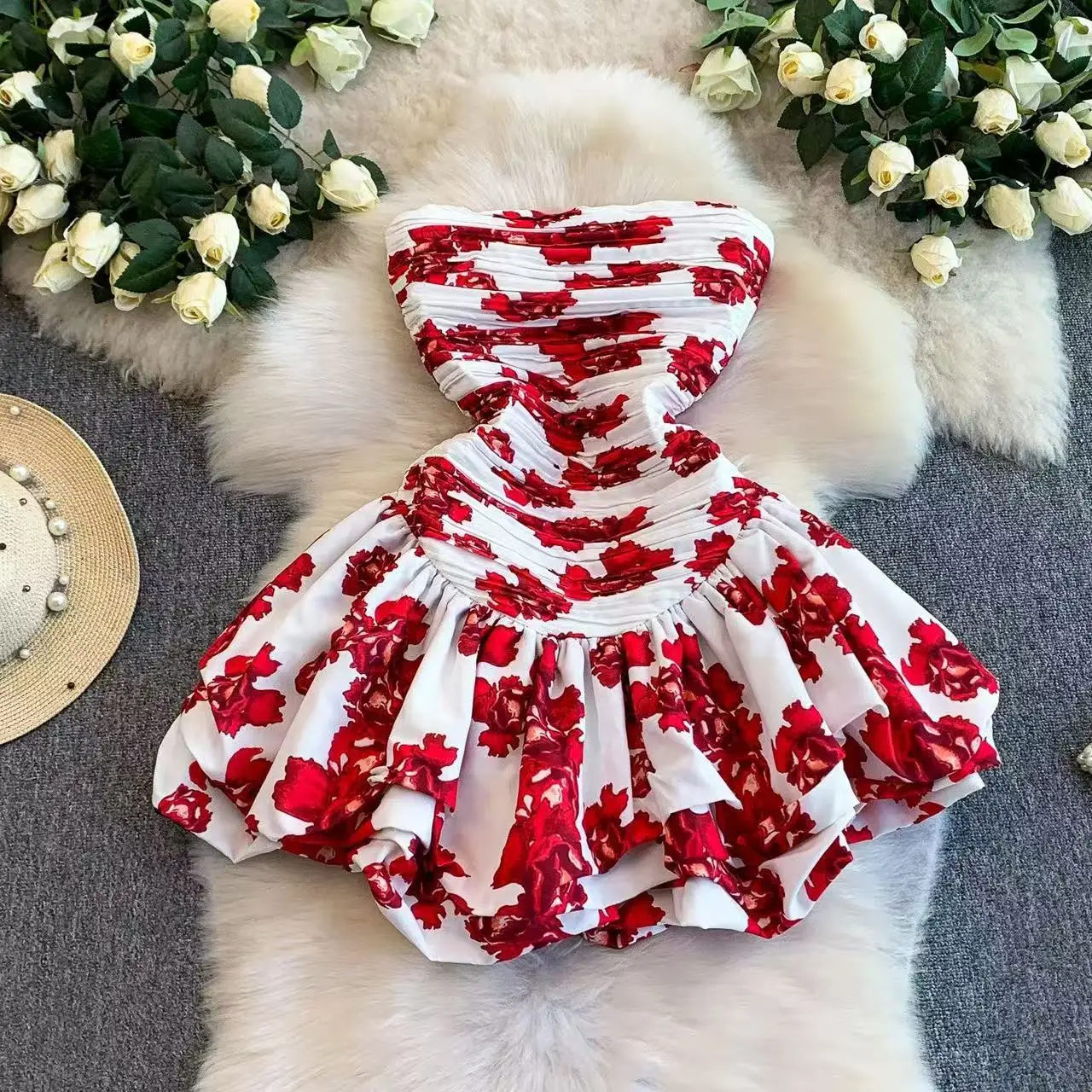 

High End Niche Exquisite Print Strapless Dress Women's Summer New Pleated High Waist Slim Fluffy Ruffled Flower Bud Mini Dress