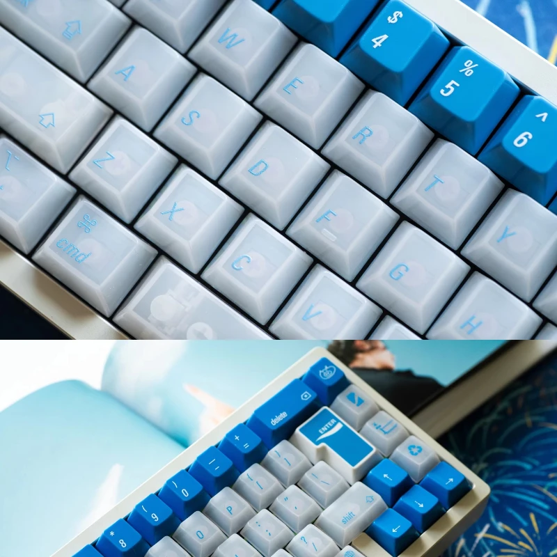 

KamakuraAoi Semi Transparent Keycap Custom PBT Blue and White Glossy Base Keycaps Cute Simple Magnetic Axis Keyboard Point Caps