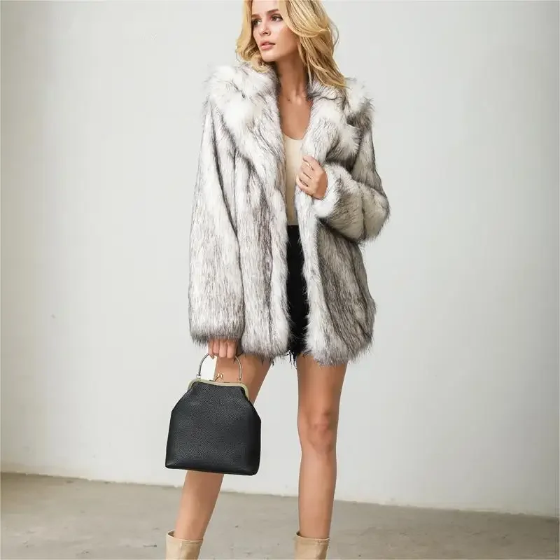 Women Faux Fur Coat 2024 Fluffy Soft Thermal Jacket Fashion Lapel Thickened Midi Cardigan Elegant Street Wear Available 5XL