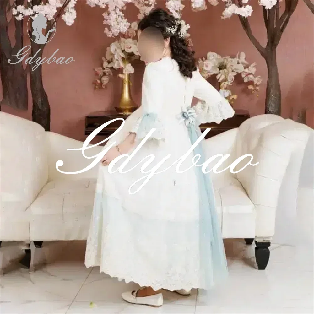 

Princess Applique A Line Half Sleeve O Neck Formal Flower Girl Dress Ankle Length Bow Lace First Communion Gown Customized