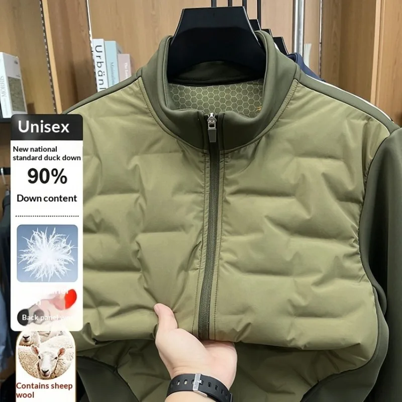 Men's Lightweight Down Jacket Unisex 90% White Duck Down & Wool Blend Stand Collar Warm Winter Coat