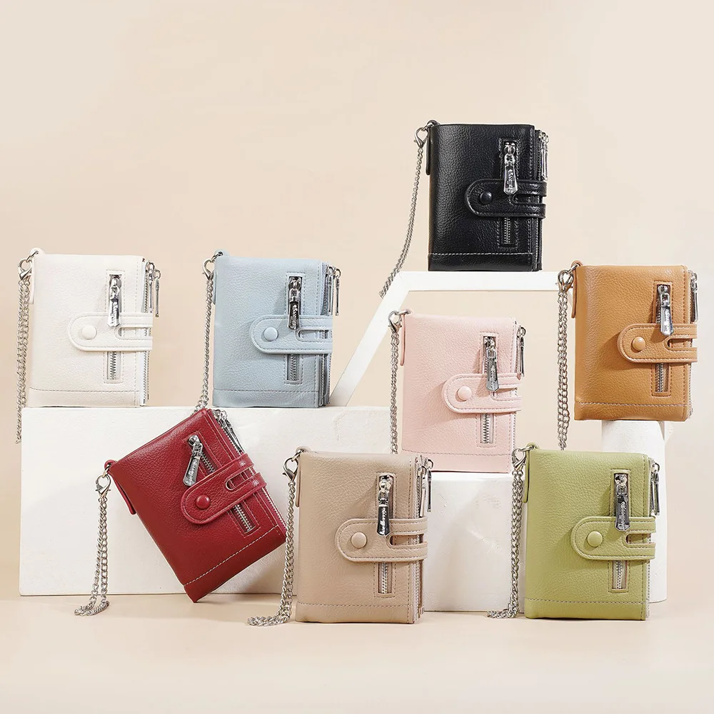 

Personality Women Triple Fold Fashion Zipper Wallet Portable Coin Card Storage Mini Bag Large Capacity ID Card Purse With Chain
