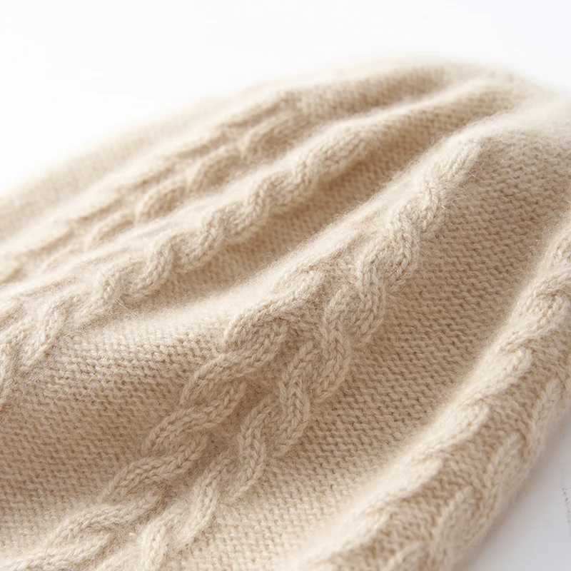 Women\'s Casual Outdoor Warm Hat Winter High-end 100% Goat Cashmere Hats Female Soft Knitted Skullies Lady Twist Flower Cap