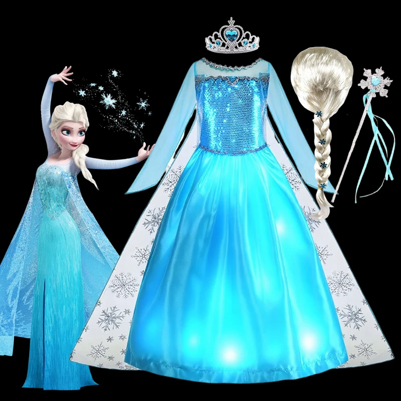 

LED Light Disney Frozen Elsa Long Sleeve Dress Kids Snow Queen Dress Girls Carnival Halloween Role Play Costumes Party Prom Gown