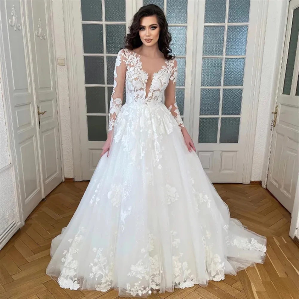 

Gorgeous Long Sleeved Mopping The Floor Beach Wedding Dresses New 2023 Spring A Line V Neck Lace Sheer Top Sexy Boho Bridal Gown