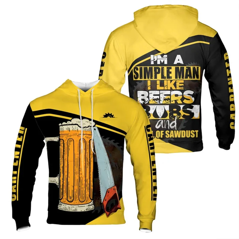 

3D Print Funny Beer Print Carpenter Work Hoodies Fashion Cool Long Sleeve Hooded Sweatshirt Autumn Daily Casual Creative Clothes