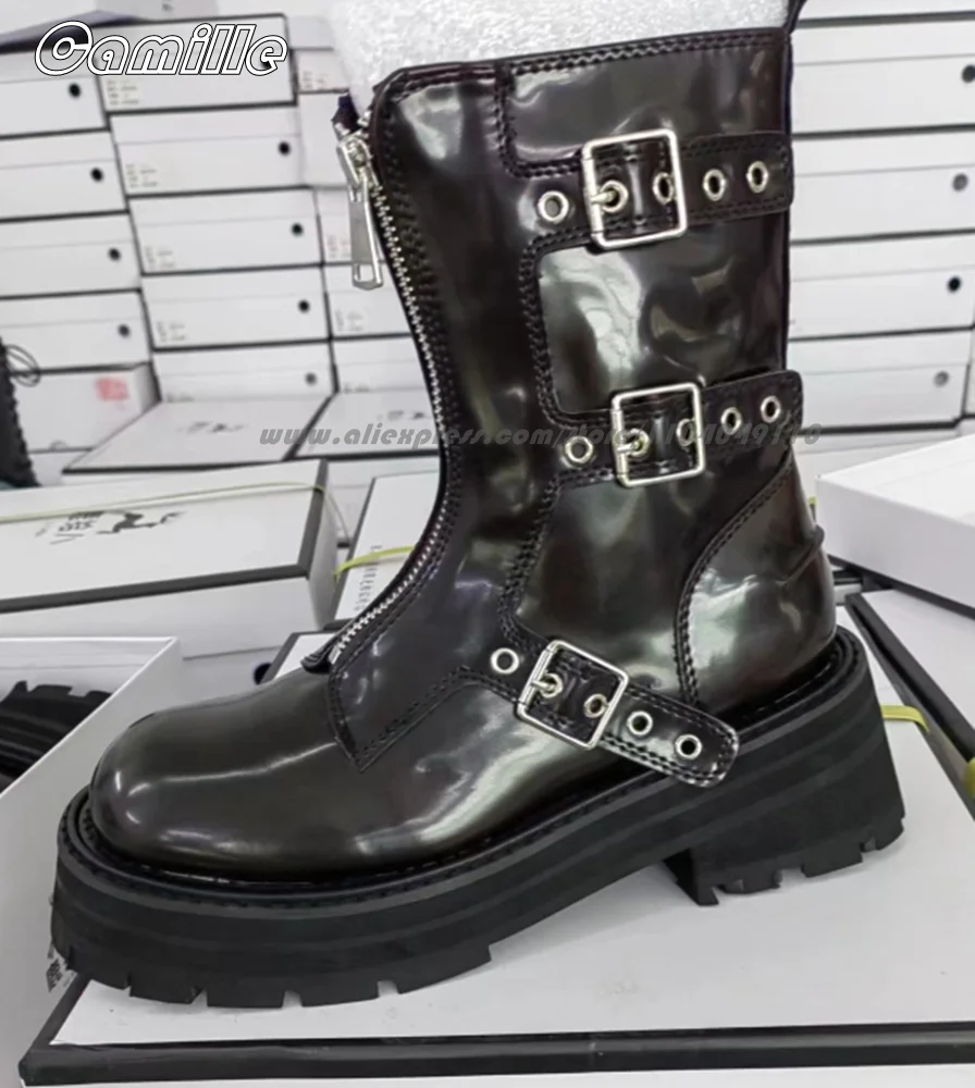 

Punk Style Belt Buckle Strap Front Zipper Chunky Heel Boots Solid Size 35-40 All-Match Casual Lady Boots Round Toe Platform Boot