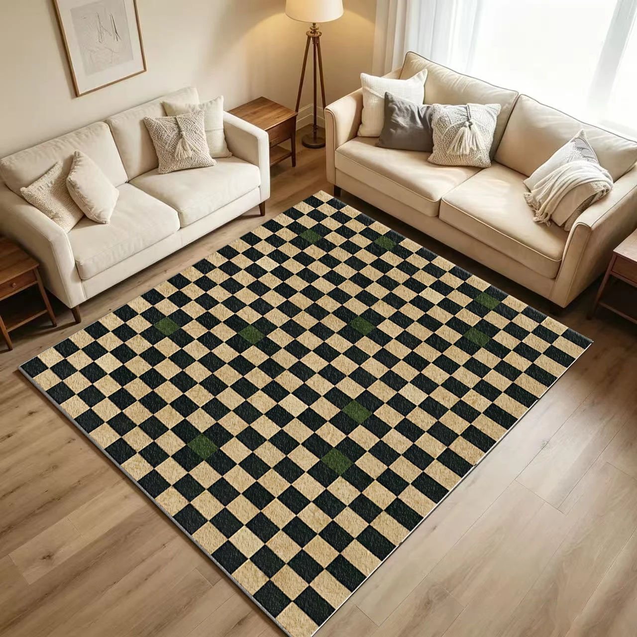 Vintage Black and Beige Checkered Carpet with Green Accents, Non-Slip and Washable, Suitable for Living Room, Retro Home Decor