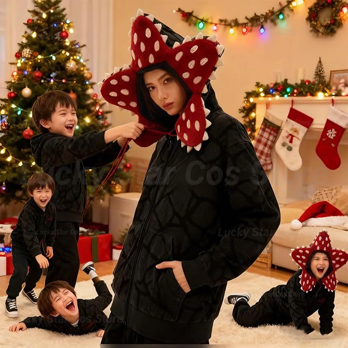 

Christmas Stranger Pajamas With Demogorgon Plant Design - Adult Onesie With Cozy Flannel Fabric, Perfect For Holiday Parties