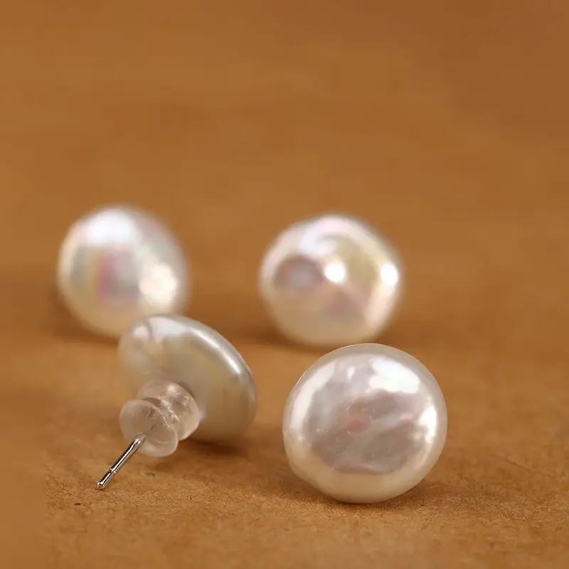 Anting-anting mutiara air tawar putih alami 14-15 MM anting-anting kancing menjuntai bulat telinga wanita