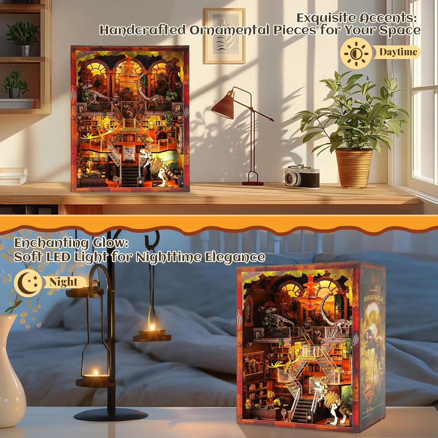 Puzzle en bois DIY avec veilleuse, kit maison miniature, décoration de bibliothèque pour les fêtes, anniversaires, maison, bibliothèque, musée des dinosaures