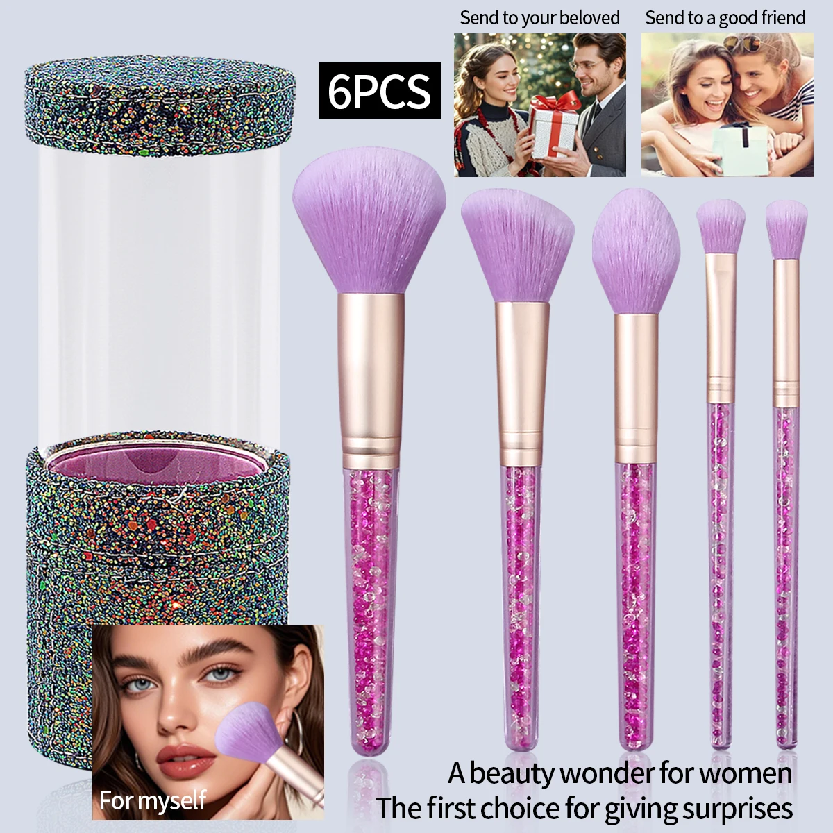 Pennello per cipria morbido da 6 pezzi, pennello per contorno, pennello per fard, pennello per ombretto, set di pennelli per trucco e secchio per riporre paillettes, strumenti di bellezza