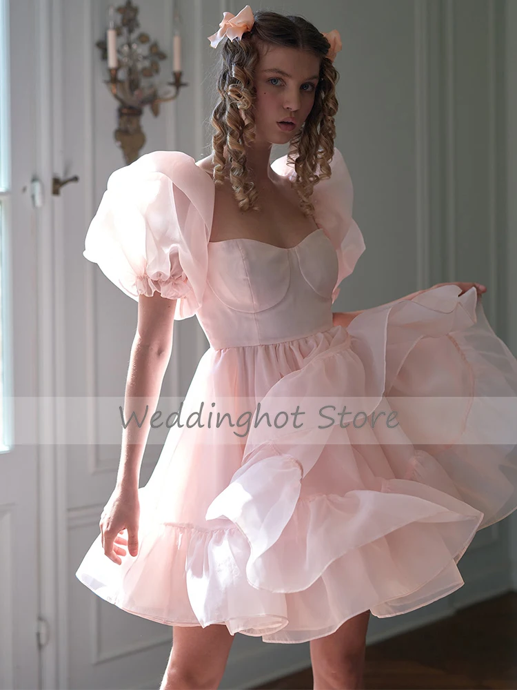 Pink Organza Prom Dress Short Sweetheart A Line Mini Prom Gown for Women 2022 Puff Sleeves Ruffled Slit Vestido de Noche