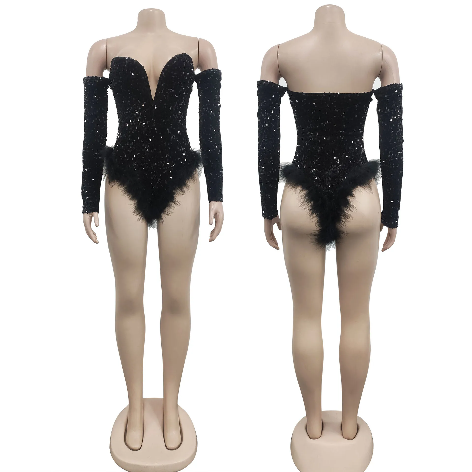 Silver Gold Sequin Feather Bodysuits Women Strapless Body Suit Tops Club Rompers Party Nightclub Sexy Bodycon Corset Jumpsuits