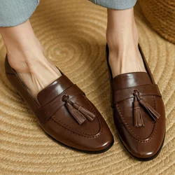Women's genuine leather 3cm thick low heel round toe slip-on flats loafers fringe British style casual female moccasins shoes