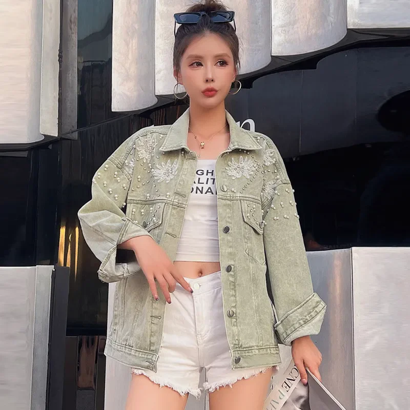 Vintage Sage Green Denim Jacket Women Pearl Bead Floral Embroidery Lapel Loose Oversized Distressed Jean Trucker Coat Outerwear