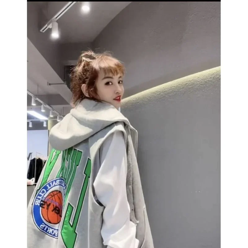 Oversized Hooded Sweatshirt Vest Female Hip Hop Streetwear Sleeveless Jacket 2023 New Cardigan Outerwear Korean Fashion Casual