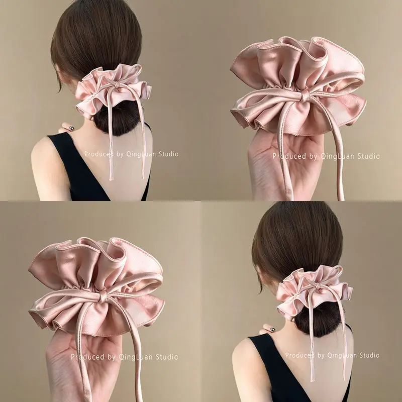 

Мягкие атласные резинки для волос с розовой лентой и бантом — держатели для хвоста Sweet Bubble и элегантный стиль