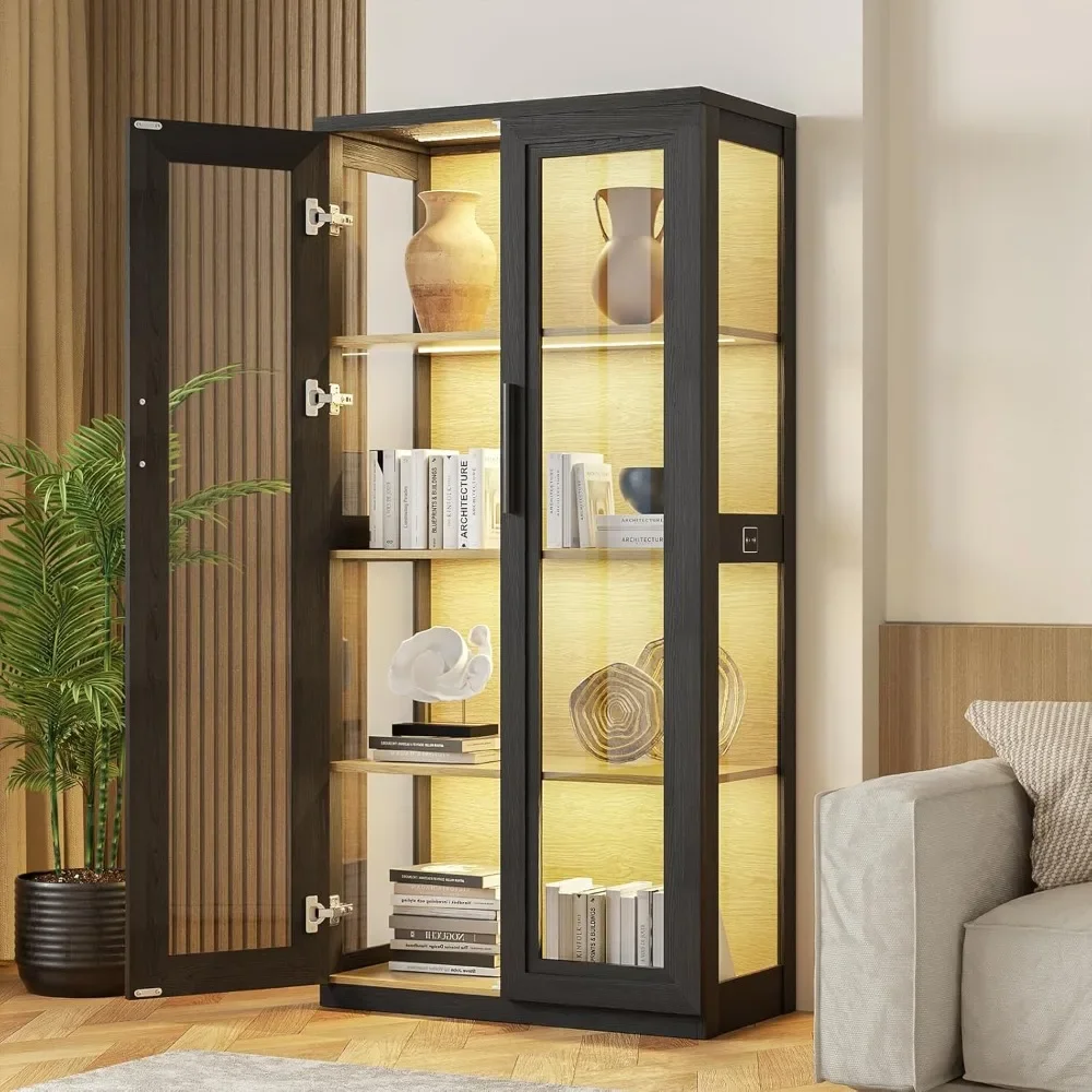 

Display Cabinet, Curio Cabinet with 4 Shelves for Collectibles, Bookcase with 3 Color LED Lights and Human Body Sensing