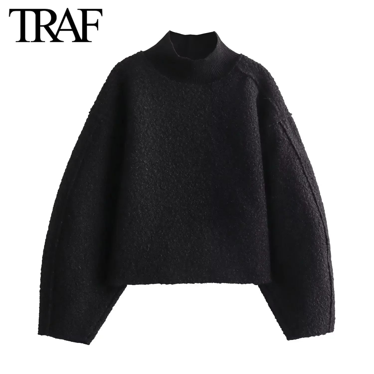 TRAF Women Fashion Autumn Winter 2024 New Loose Solid Color Long Sleeved Stand Collar Pullover Top Chic Female Sweatshirt