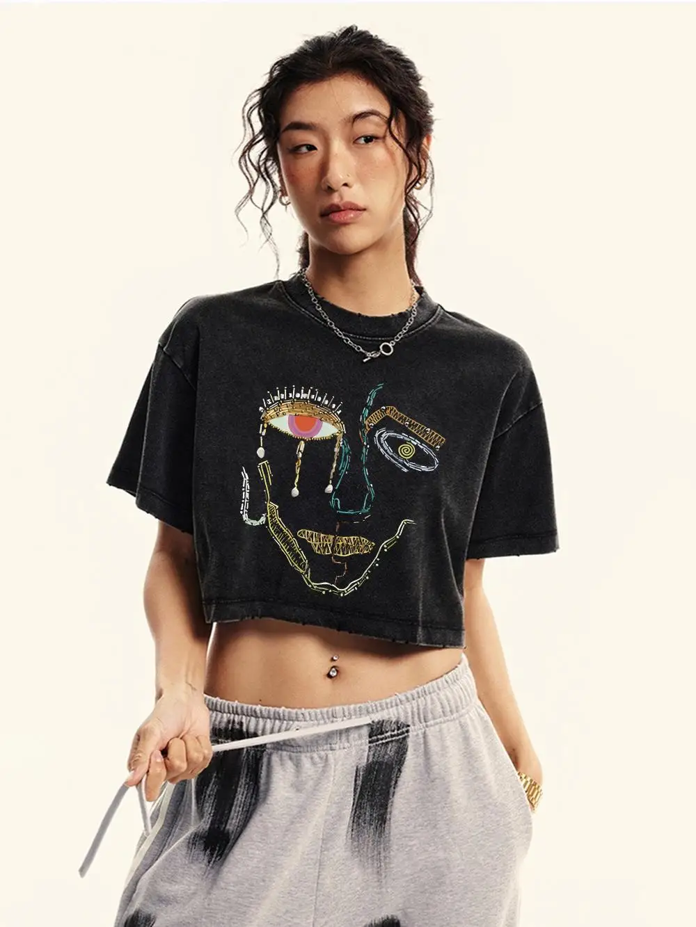 Woman Cotton Crop Washed T-Shirts Color Graffiti Woman'S Face Prints Tops Oversize O-Neck Distressed Short Sleeve Female Clothes