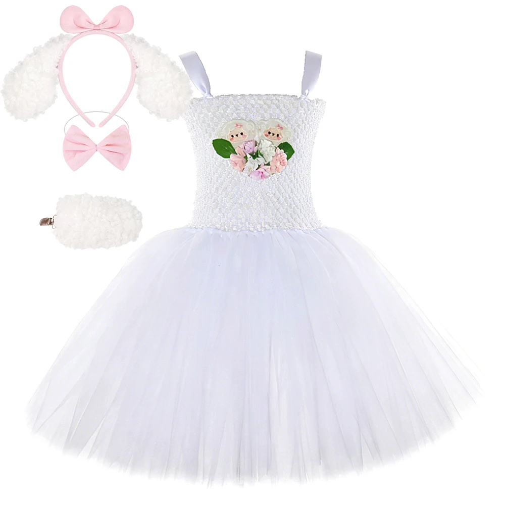

White Sheep Lined Tutu Dress for Baby Girls Little Lamb Costumes Toddler Kids Birthday Carnival Party Outfit with Ears Headband