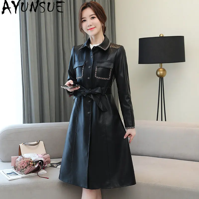 

AYUNSUE New Genuine Leather Jacket Women Elegant Real Sheepskin Coats Fashion Trench Coat for Women Long Leather Jackets Jaqueta