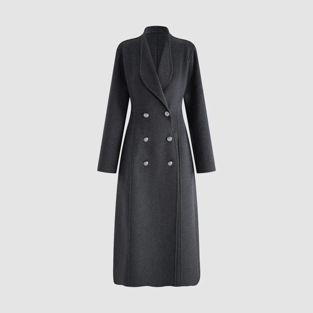 2026 Handcrafted Double-Faced Wool Coat – Elegant Shawl Collar Double-Breasted Long Overcoat with Invisible Seam Detail