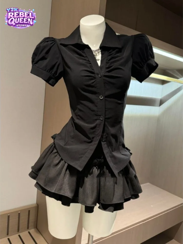 

Sweet Cool Style Black Puff Sleeve 2 Pieces Sets Women Summer Shirt Ruffle Mini Skirt Suits Y2k Aesthetic Daily Streetwear Party