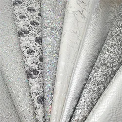 Lenzuola in pelle glitter argento Fiori stampati in ecopelle Fiocchi di neve Strutturati Glitter Litchi Fogli artigianali fai da te Mini rotoli W418