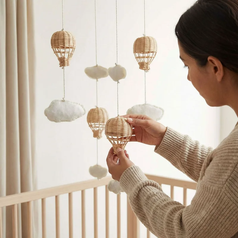 Boho style wicker hot air balloon cloud baby rattle for 3-month-old baby's bedside. Baby toy hanging wall decoration
