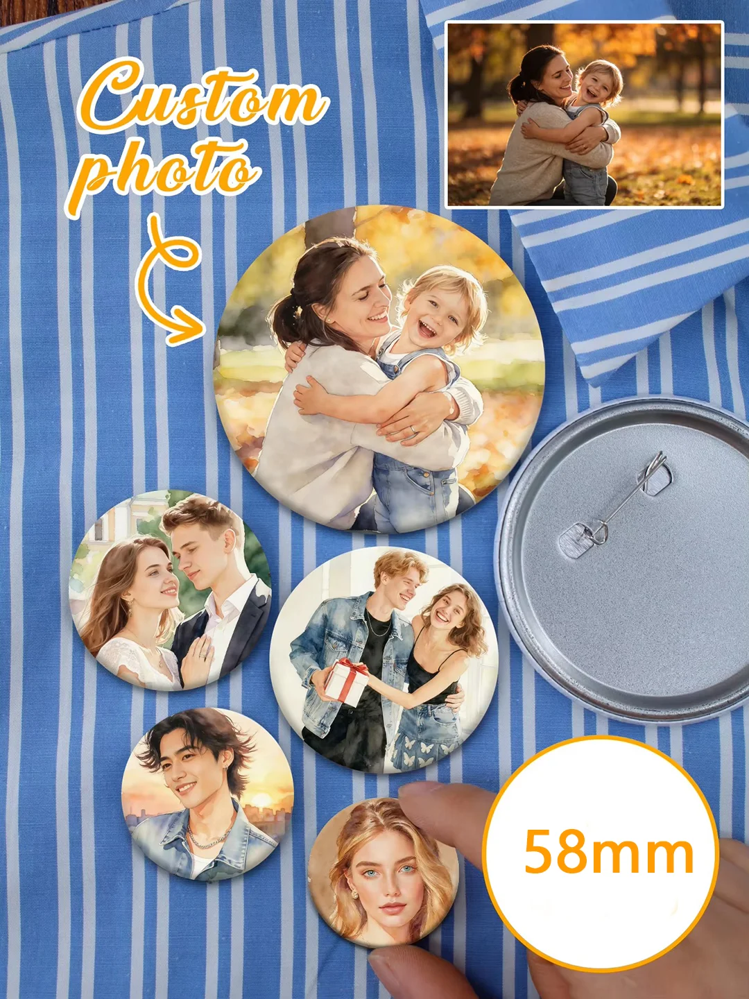 Custom Photo Badge Pin, Bags Jackets And Hats, Trending Gift For Her And Friends, Personalized Picture Button Keepsake