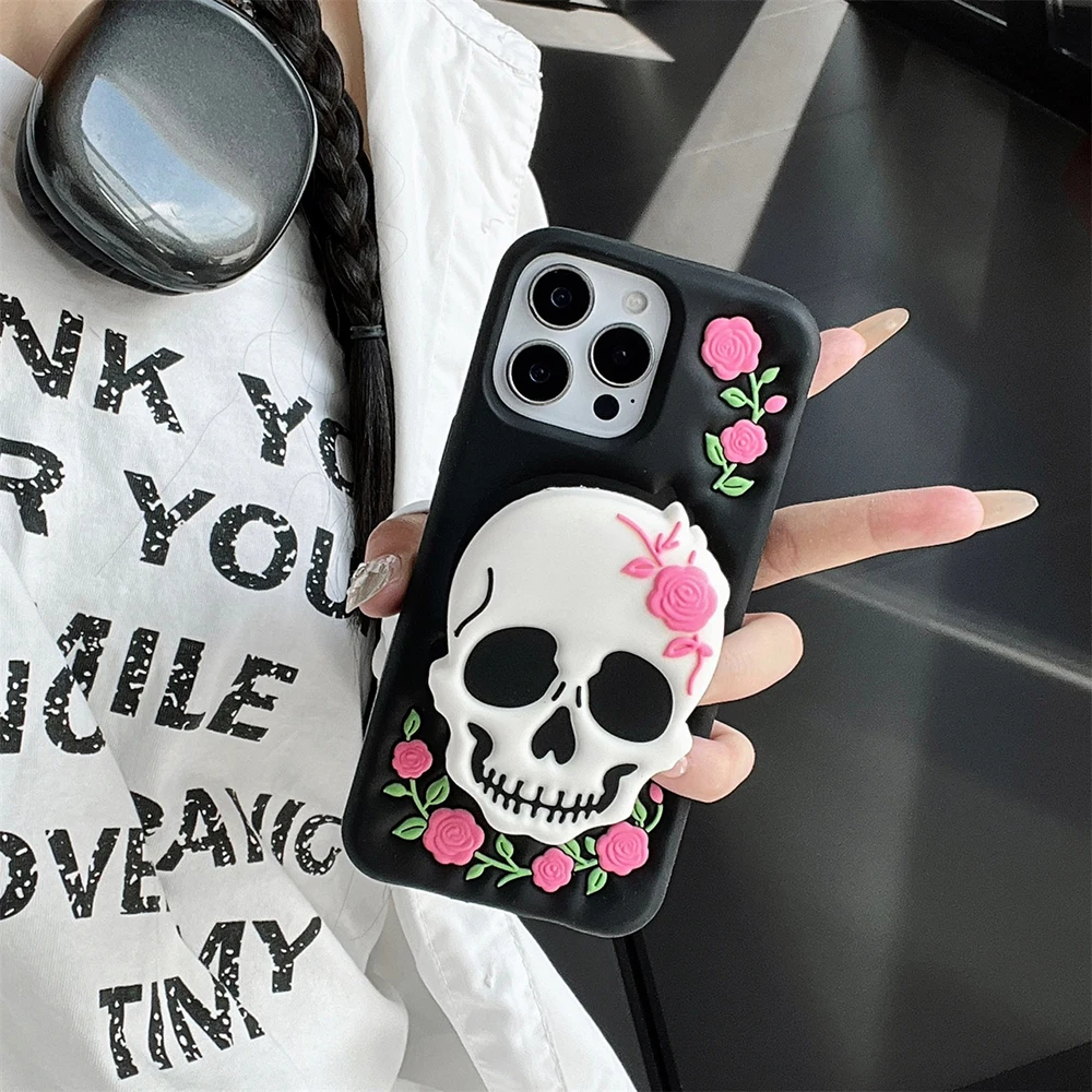 Lustige Halloween-Schädelhalterung, weiche Silikonhülle für iPhone 16 Plus 15 14 13 12 11 Pro Max, 3D-Cartoon-Ständerhalter-Abdeckung – Detail 3