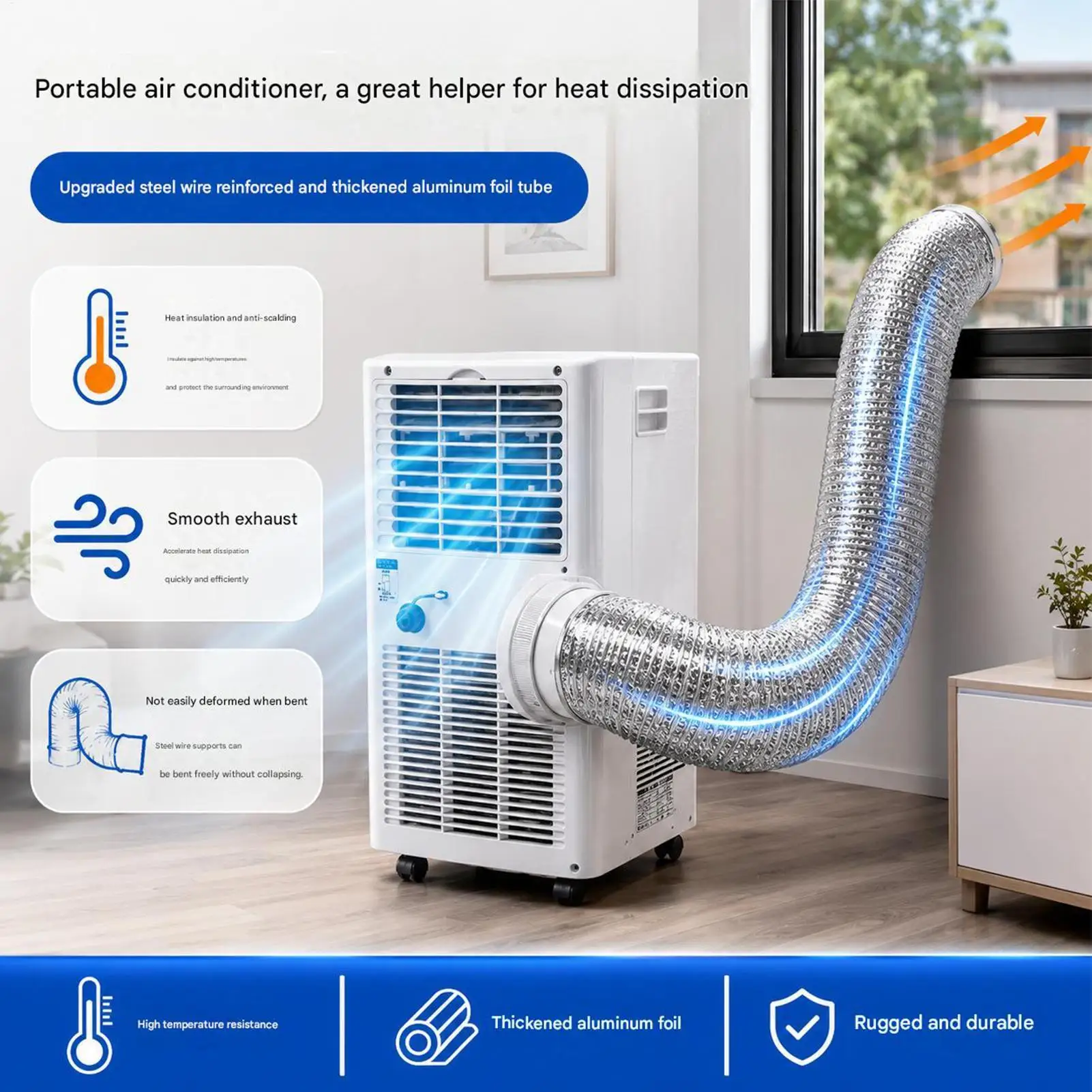 AC Exhaust Hose 150cm Aluminum Foil Insulated Replacement Tube Heavy Duty Anti Heat Portable Air Conditioner Duct for Home Dorm