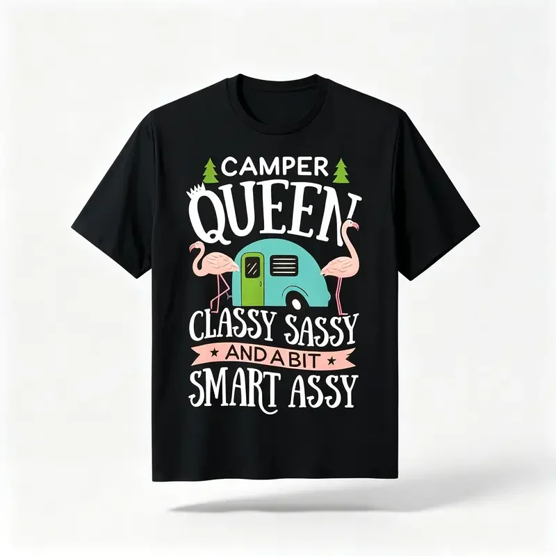 1pc Retro Camper Queen Graphic T-Shirt, Camper Van & Flamingo Print with 