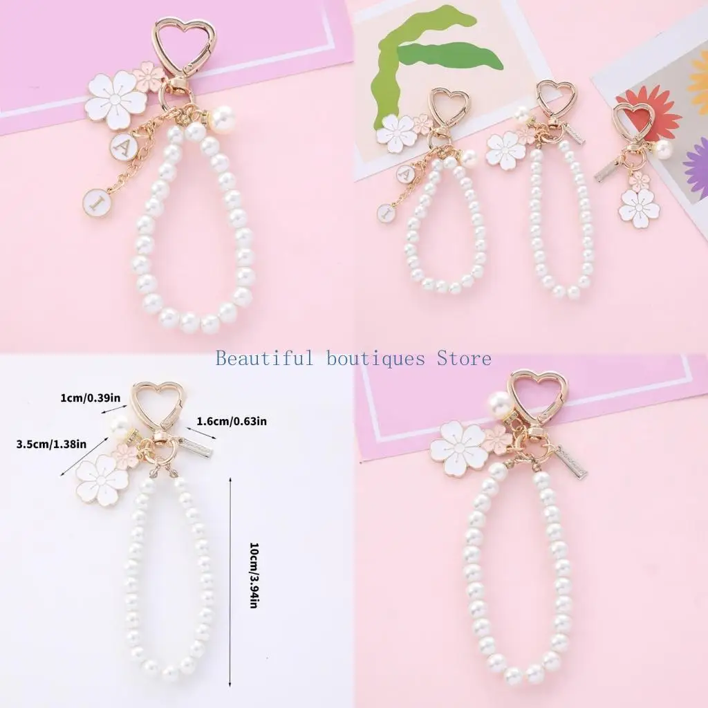 U4LF Modern Two Color Floral Letter Pearls Keychain Pendant Charm Enhances Your Accessories with This Versatile Charm