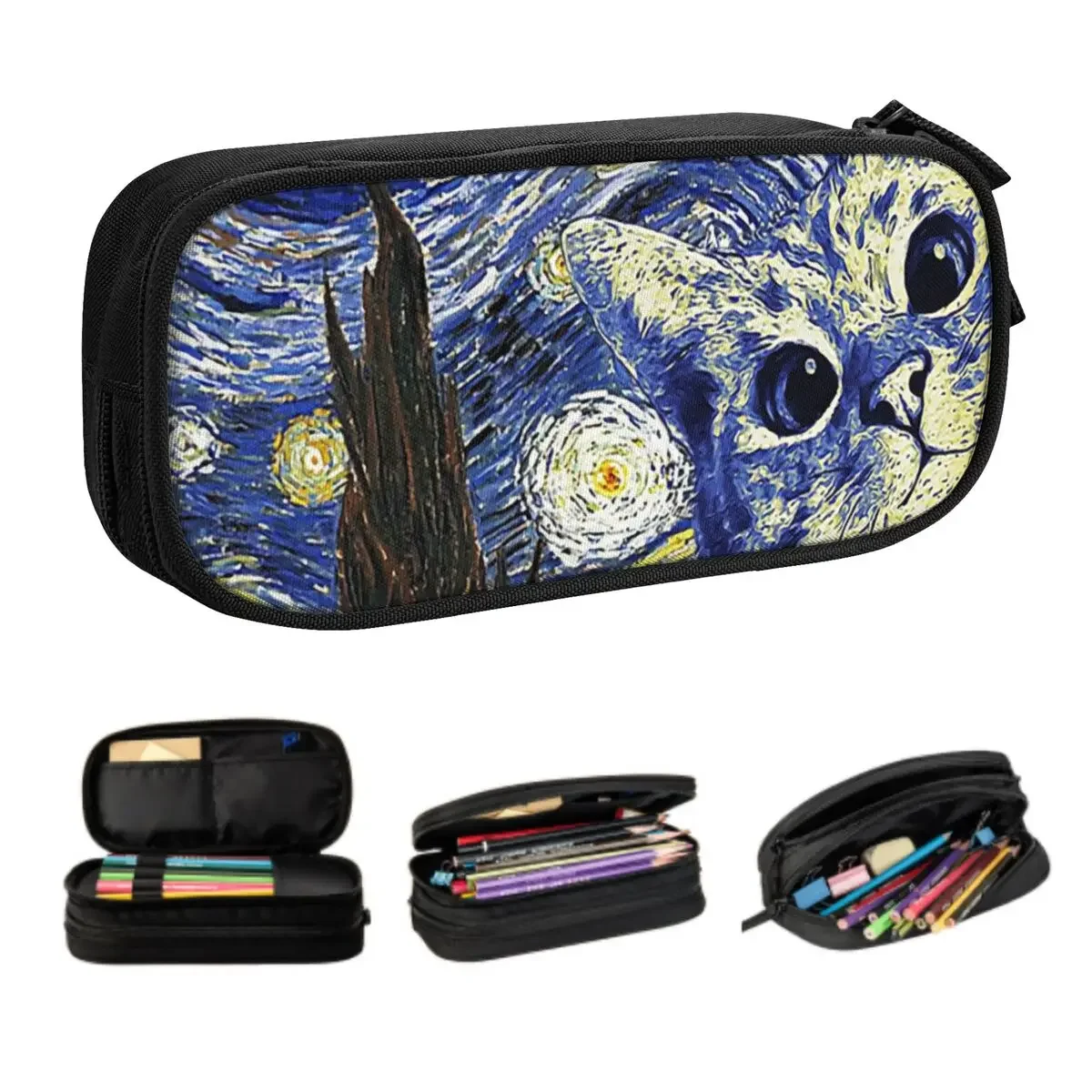 

Kawaii Vincent Van Gogh Pencil Cases for Girls Boys Custom Style Cat Oil Painting Large Capacity Pen Bag Box School Accessories